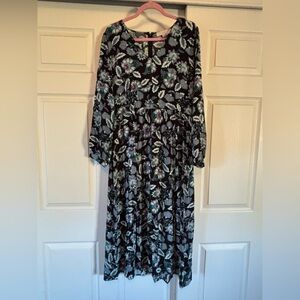 LOFT Black and Green Floral Long Sleeve Dress